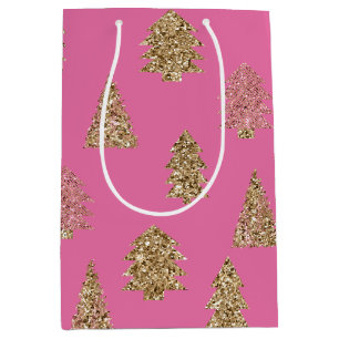 Girly Pink Gold Glitter Glam Christmas Trees Medium Gift Bag