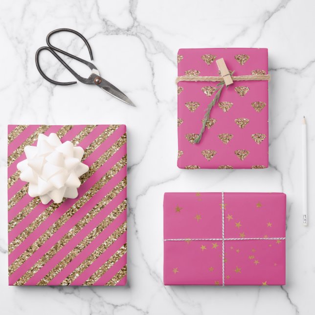 Girly Pink Gold Glitter Jewel Diamonds Wrapping Paper Sheet (Front)