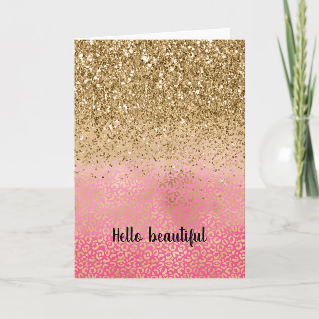 Girly Pink Gold Glitter Leopard Print Card (Front)