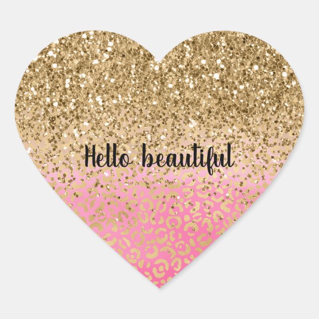 Girly Pink Gold Glitter Leopard Print Heart Sticker (Front)
