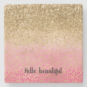 Girly Pink Gold Glitter Leopard Print Stone Coaster