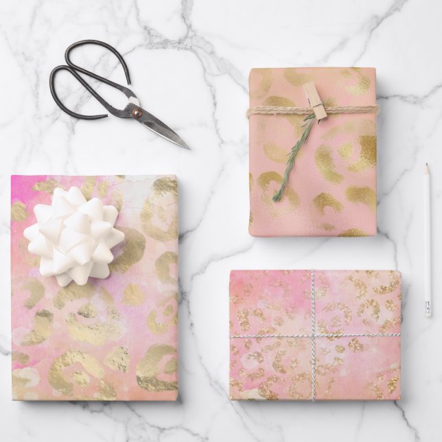 Girly Pink Gold Glitter Leopard Prints Wrapping Paper Sheet (Front)