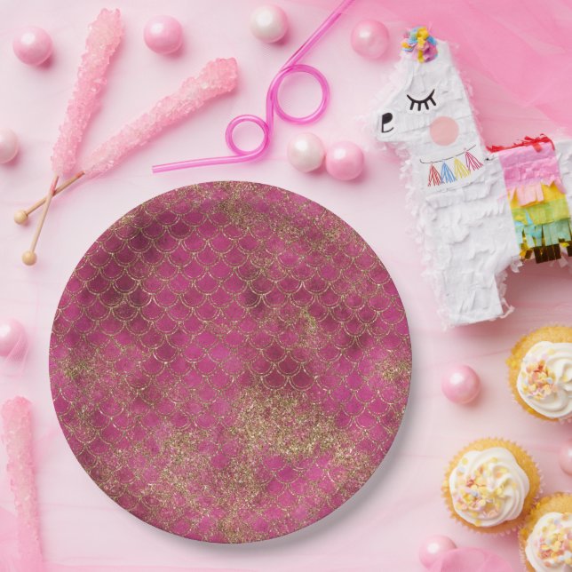 Girly Pink Gold Glitter Mermaid Glitz    Paper Plate (Party)