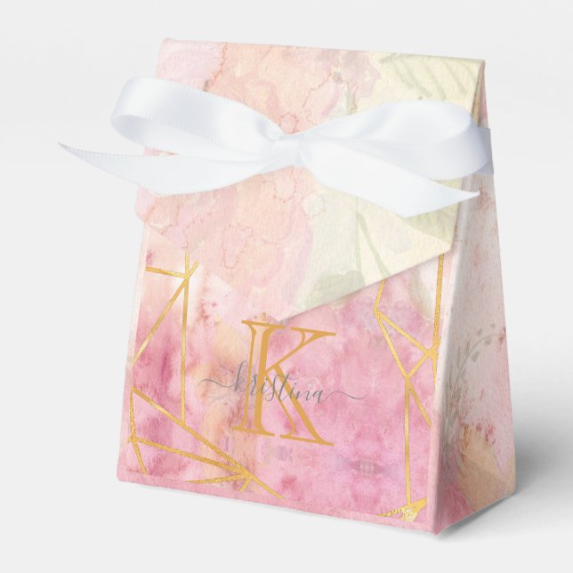 Girly Pink Gold Glitter Sparkle Monogram Floral Favor Box (Front Side)