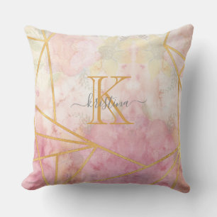 Girly Pink Gold Glitter Sparkle Monogram Floral Outdoor Pillow