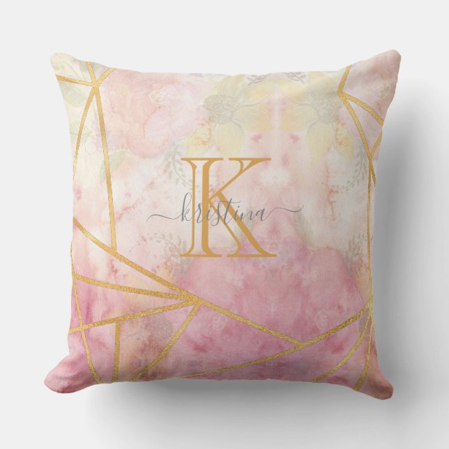 Girly Pink Gold Glitter Sparkle Monogram Floral Outdoor Pillow (Front)