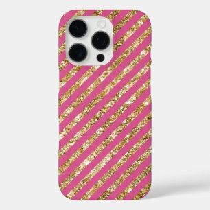 Girly Pink Gold Glitter Stripes iPhone 16 Pro Case