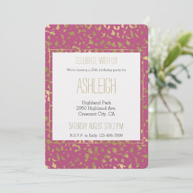 Girly Pink Gold Leopard Animal birthday Invitation (Standing Front)
