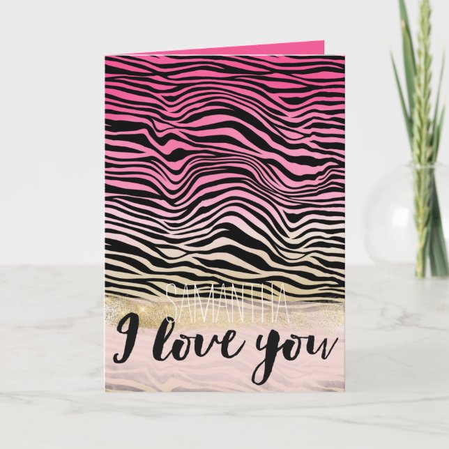 Girly Pink Gold Ombre Watercolor Black Zebra Love Card (Front)