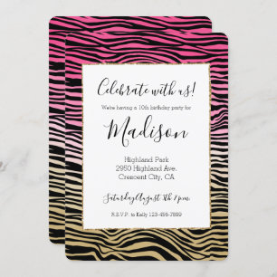 Girly Pink Gold Ombre Watercolor Black Zebra Print Invitation