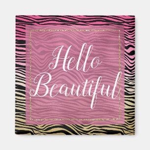 Girly Pink Gold Ombre Watercolor Black Zebra Print Magnet