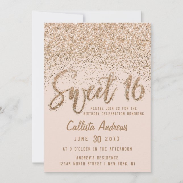 Girly Pink Gold Scattered Glitter Ombre Sweet 16 Invitation (Front)