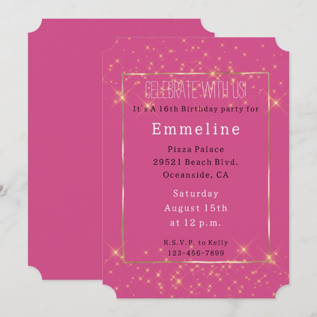 Girly Pink Gold Sparkles Birthday Invitation (Front/Back)