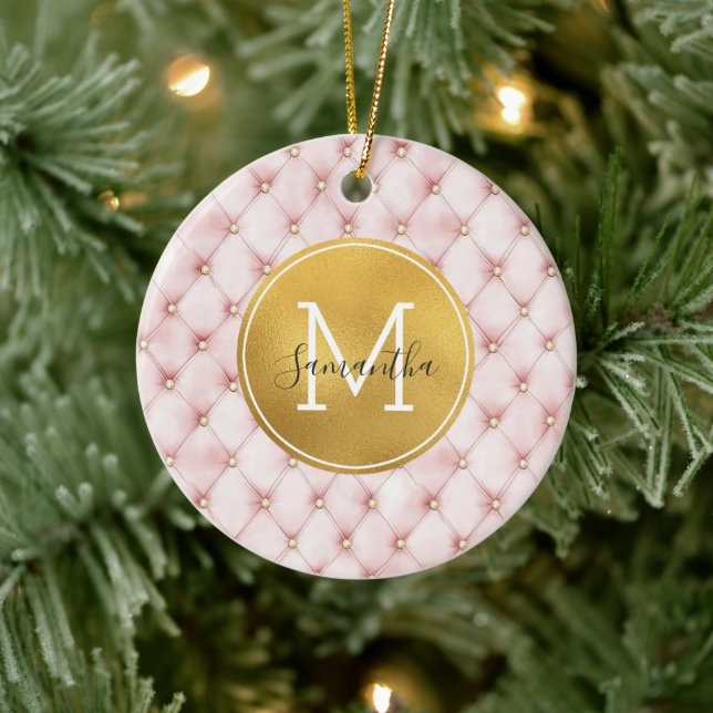Girly Pink Gold Watercolor Confetti Monogram Ceramic Ornament (Tree)