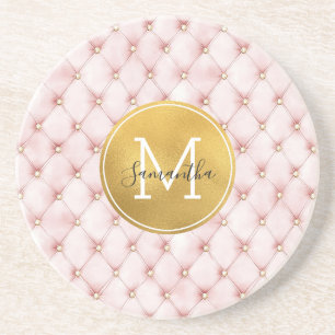Girly Pink Gold Watercolor Confetti Monogram Coaster