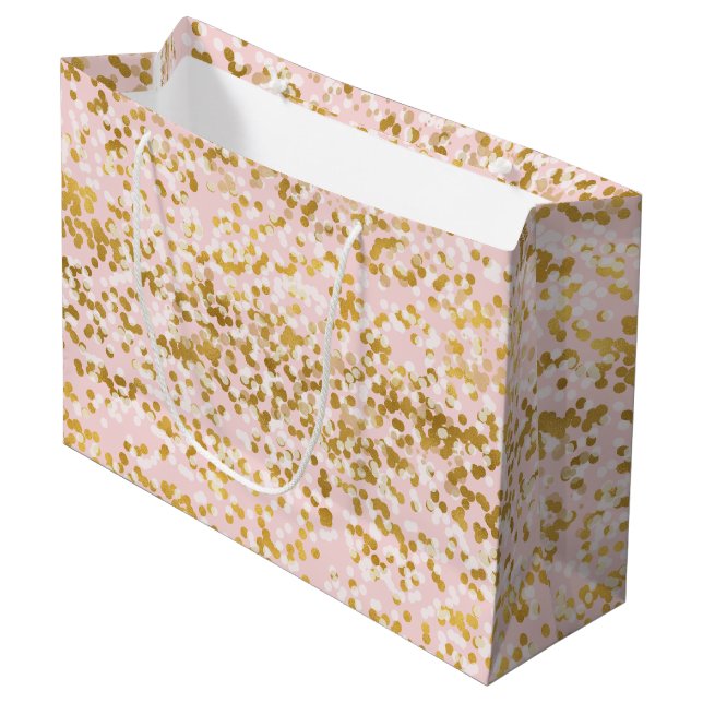Girly Pink Gold White Confetti Large Gift Bag (Front Angled)