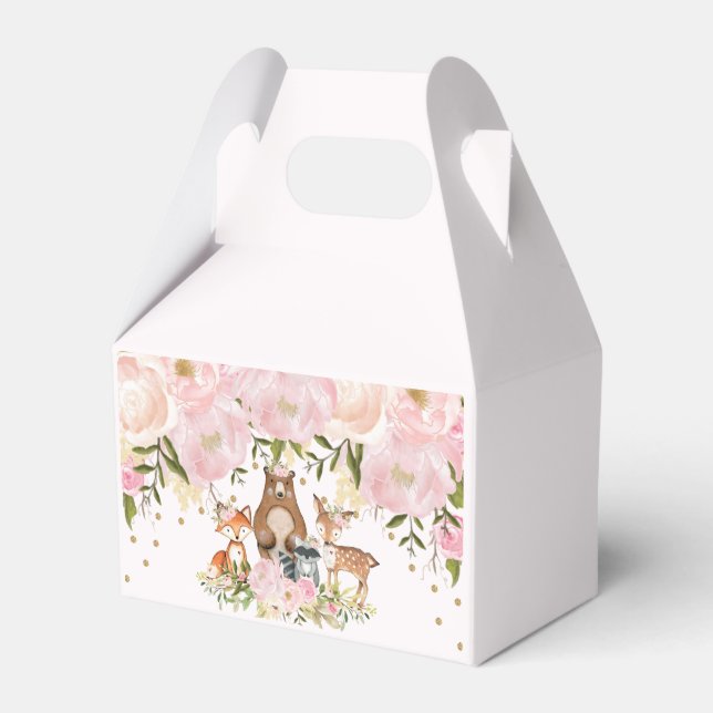 Girly Pink Gold Woodland Animals Birthday Party Favor Box (Front Side)