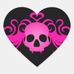 Girly pink goth fanged vampire skull on black heart sticker