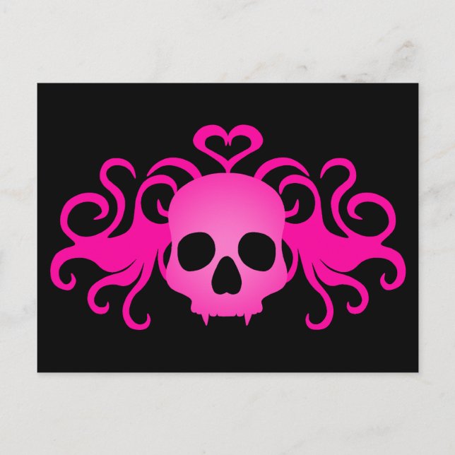Girly pink goth fanged vampire skull on black postcard (Front)