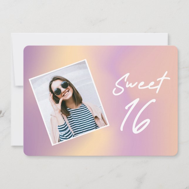 Girly Pink Gradient Photo Sweet Sixteen Birthday Invitation (Front)