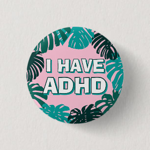 Girly Pink Green Tropical Palm Leaves ADHD  1 Inch Round Button