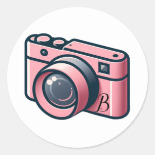 Girly Pink & Grey Camera Photography Personalized Classic Round Sticker