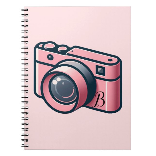 Girly Pink & Grey Camera Photography Personalized Notebook (Front)