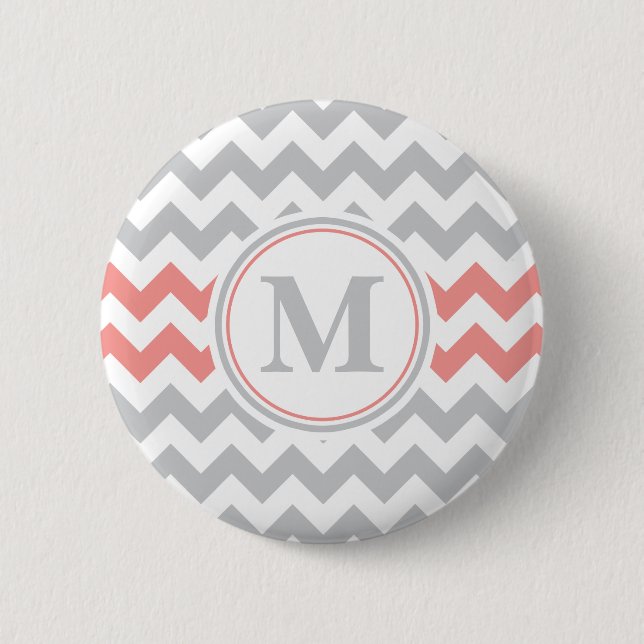 Girly Pink Grey Chevron Pattern with Monogram 2 Inch Round Button (Front)