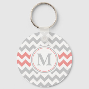 Girly Pink Grey Chevron Pattern with Monogram Keychain