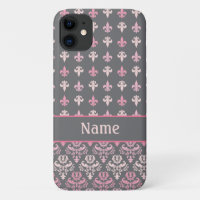 Girly Pink Grey Fleur de Lis Damask iPhone 5 Case