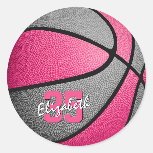 girly pink grey personalized basketball classic round sticker (Front)