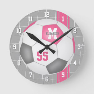 girly pink grey personalized soccer round clock