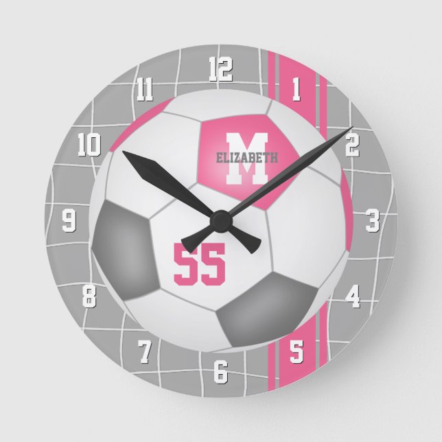 girly pink grey personalized soccer round clock (Front)