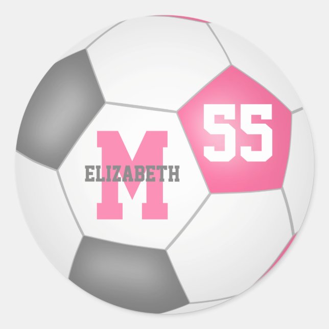 girly pink grey soccer ball personalized classic round sticker (Front)