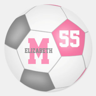 girly pink grey soccer ball personalized classic round sticker