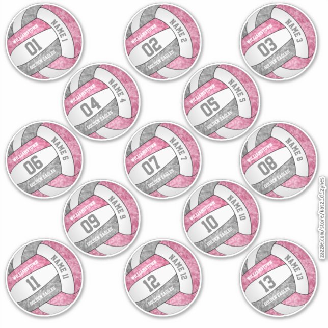 girly pink grey volleyball player names set of 13 (Front)