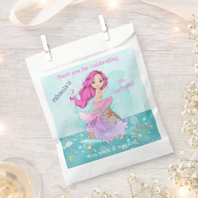 Girly Pink Hair Mermaid Birthday Thank You Favour Bag (Clipped)