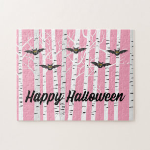 Girly Pink Happy Halloween Birch Forest with Bats Jigsaw Puzzle
