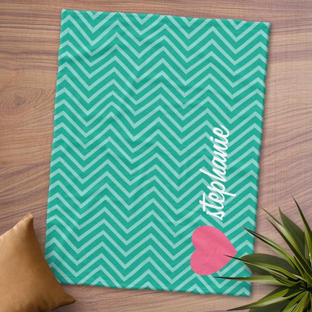 Girly Pink Heart and Trendy Chevrons Script Name Fleece Blanket (Personalized Fleece Blanket - Add Photos and Text or Customize completely in advanced design area)