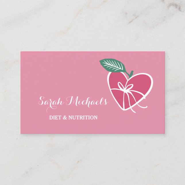 Girly Pink Heart Apple With Bow Diet and Nutrition Business Card (Front)