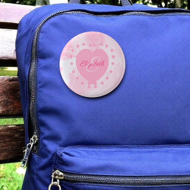 Girly Pink Heart Chic Monogram Initial Letter 3 Inch Round Button (Button on a backpack.)