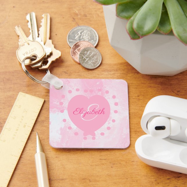 Girly Pink Heart Monogram Initial Watercolor Keychain (Desk)