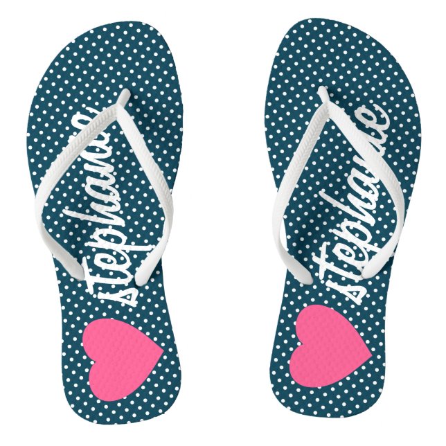 Girly Pink Heart with Trendy Polka Dots and Name Flip Flops (Footbed)