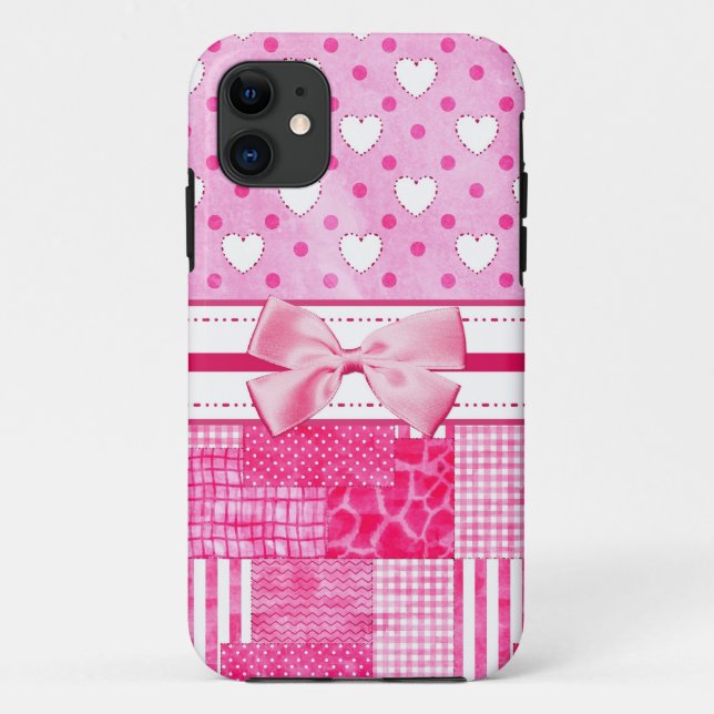 Girly Pink Hearts and Polka Dots Cute Bow and Name Case-Mate iPhone Case (Back)
