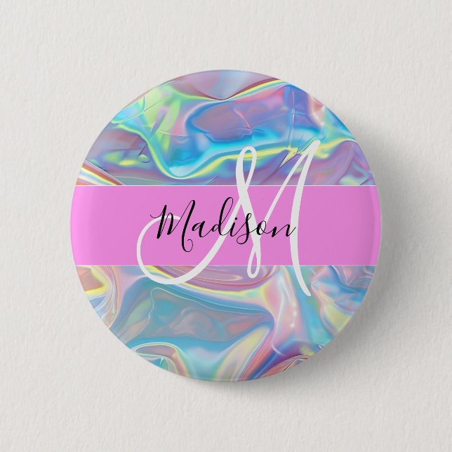 Girly Pink Holographic Iridescent Monogram Name 2 Inch Round Button (Front)