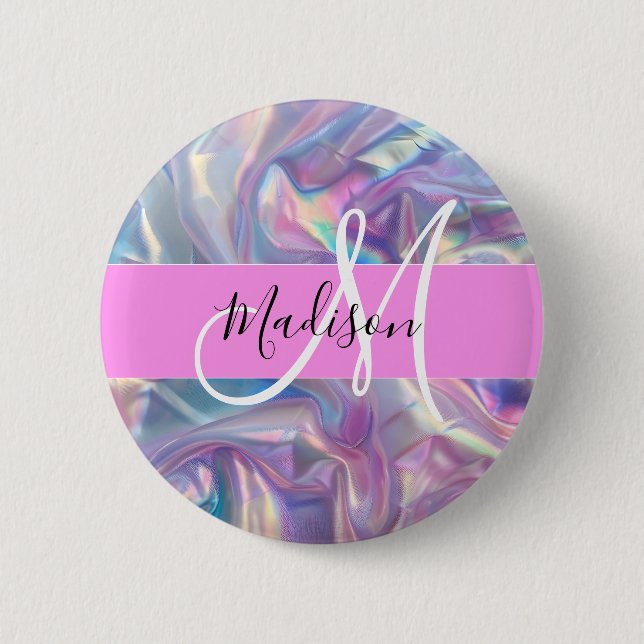 Girly Pink Holographic Iridescent Monogram Name 2 Inch Round Button (Front)