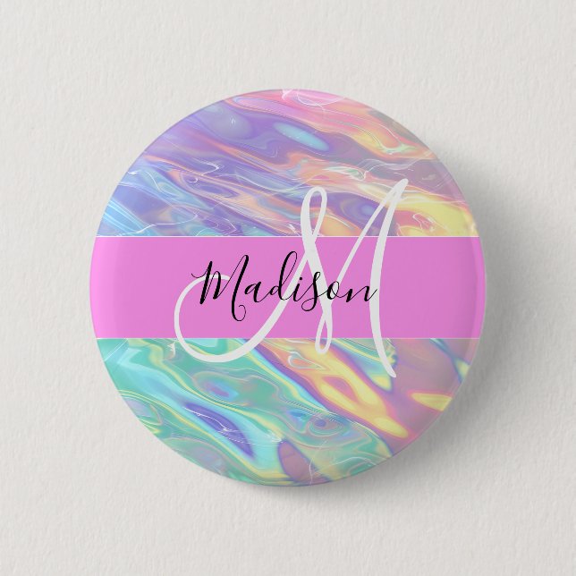 Girly Pink Holographic Iridescent Monogram Name 2 Inch Round Button (Front)