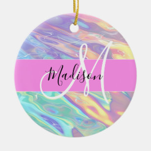 Girly Pink Holographic Iridescent Monogram Name Ceramic Ornament