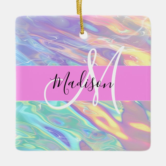 Girly Pink Holographic Iridescent Monogram Name Ceramic Ornament (Front)