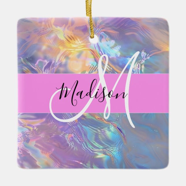 Girly Pink Holographic Iridescent Monogram Name Ceramic Ornament (Front)